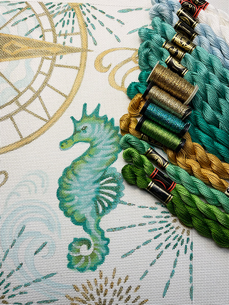 Coastal Seahorse Hand Painted Canvas by Janice Gaynor with Perle Cotton Kit #2