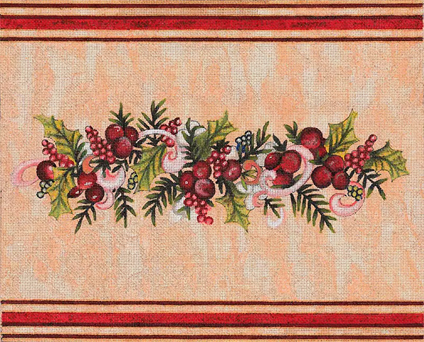 Berries Ribbon Hand Painted Needlepoint Canvas by Janice Gaynor