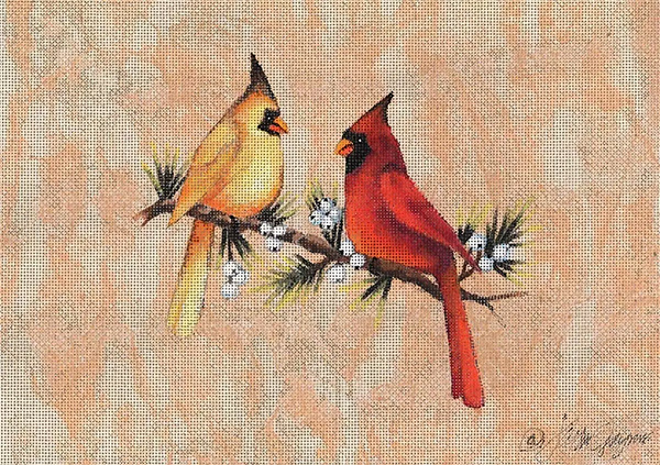 Two Cardinals Hand Painted Needlepoint Canvas by Janice Gaynor