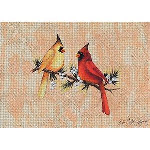 Two Cardinals Hand Painted Needlepoint Canvas by Janice Gaynor