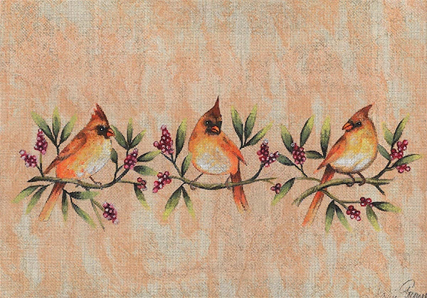 Three Cardinals Hand Painted Needlepoint Canvas by Janice Gaynor