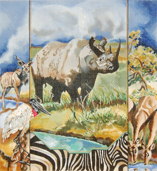 Black Rhino, Marabou, Storks, Gazelles - Hand Painted Needlepoint Canvas by Joy Juarez