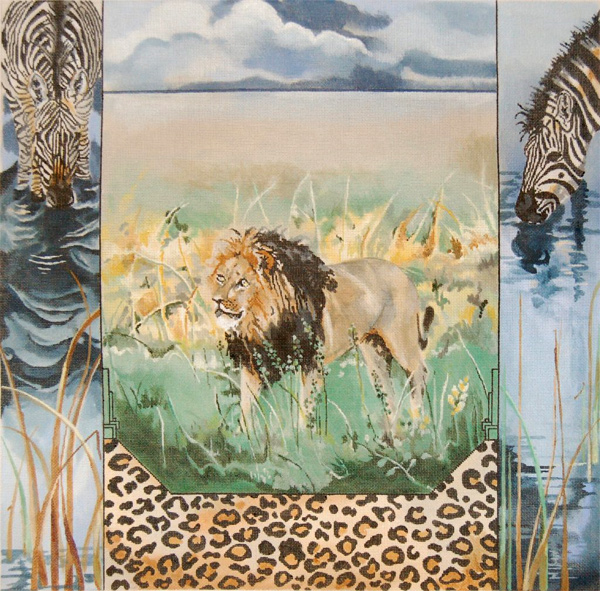 Black-maned Lion with Zebras - Hand Painted Needlepoint Canvas by Joy Juarez