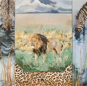 Black-maned Lion with Zebras - Hand Painted Needlepoint Canvas by Joy Juarez