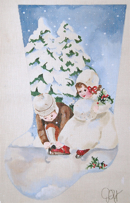 The Little Skaters - Hand Painted Needlepoint Christmas Stocking Canvas by Joy Juarez