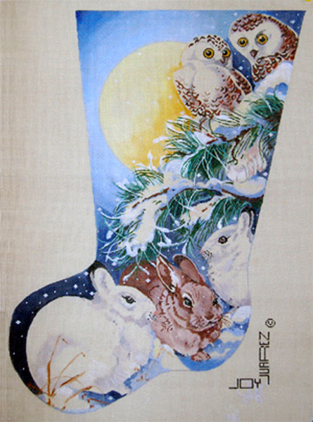 Snow Bunnies and Owls in the Moonlight - Hand Painted Needlepoint Christmas Stocking Canvas by Joy Juarez