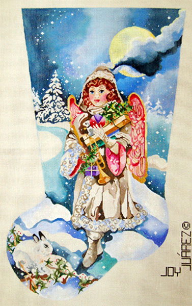 Snow Angel Bearing Gifts - Hand Painted Needlepoint Christmas Stocking Canvas by Joy Juarez