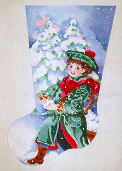Boy In Green Coat Pulling Wagon - Hand Painted Needlepoint Christmas Stocking Canvas by Joy Juarez