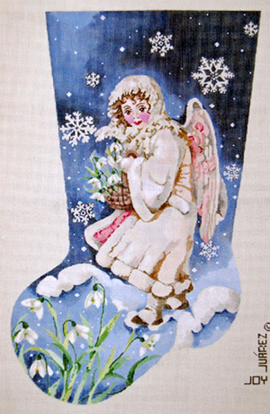 Snow Angel Bearing Basket of Snowdrops - Hand Painted Needlepoint Christmas Stocking Canvas by Joy Juarez