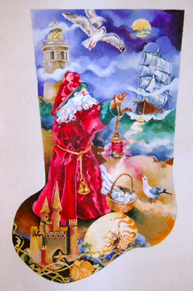 Seafaring Santa, Sandcastles & Clipper Ship - Hand Painted Needlepoint Christmas Stocking Canvas by Joy Juarez