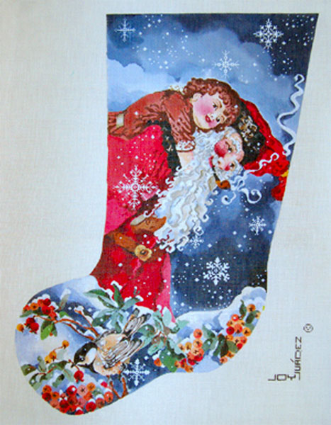 Father Christmas & Tiny Tim - Hand Painted Needlepoint Christmas Stocking Canvas by Joy Juarez