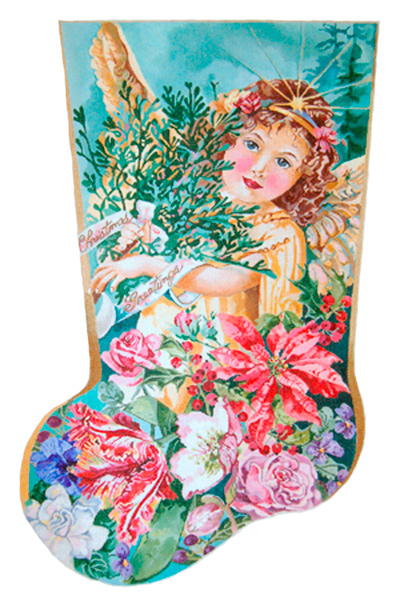 Christmas Angel Floral - Hand Painted Needlepoint Christmas Stocking Canvas by Joy Juarez