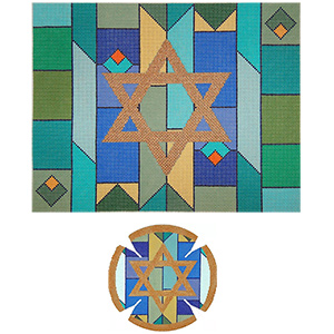 Geometric Background in Blue & Greens Needlepoint Tallis Canvas and Needlepoint Yarmulke Combination