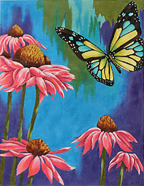 Pink Daisies & Butterfly Hand-painted Needlepoint Canvas