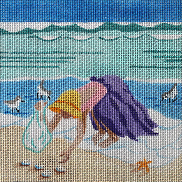 Collecting Shells Hand Painted Needlepoint Canvas by Kamala