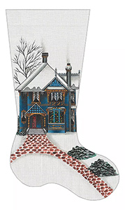 Leigh Designs - Hand-painted Needlepoint Canvases - Blue Queen Anne House Christmas Stocking