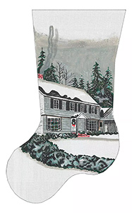 Leigh Designs - Hand-painted Needlepoint Canvases - White Colonial House Stocking (Toe Left)