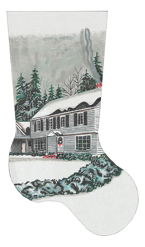 Leigh Designs - Hand-painted Needlepoint Canvases - White Colonial House Stocking