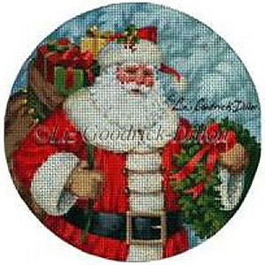 Liz Goodrick-Dillon Hand Painted Needlepoint Christmas Ornament - Santa with Wreath