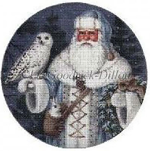 Liz Goodrick-Dillon Hand Painted Needlepoint Christmas Ornament - Blue Arctic Santa with Arctic Owl