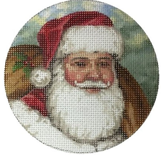 Liz Goodrick-Dillon Hand Painted Needlepoint Christmas Ornament - Santa Face with Holly