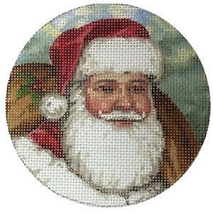 Liz Goodrick-Dillon Hand Painted Needlepoint Christmas Ornament - Santa Face with Holly