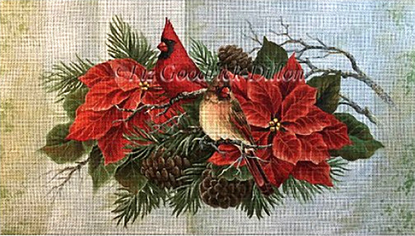 Liz Goodrick-Dillon Hand Painted Needlepoint - Cardinals in Poinsettias