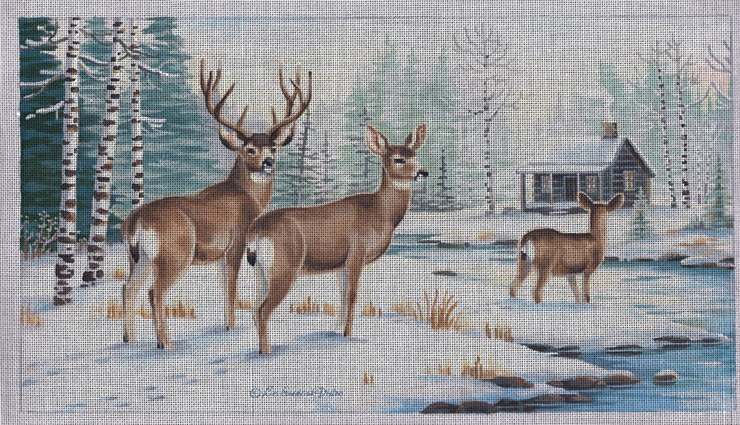 Liz Goodrick-Dillon Hand Painted Needlepoint - Winter Riverbed Deer