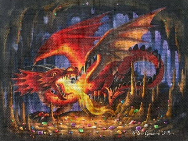 Liz Goodrick-Dillon Hand Painted Needlepoint - Red Dragon of Jewel Cave