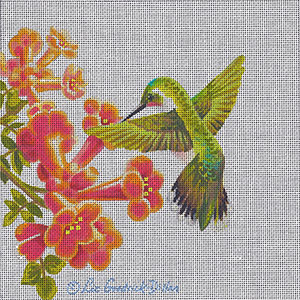 Liz Goodrick-Dillon Hand Painted Needlepoint - Hummingbird in Trumpet Vine