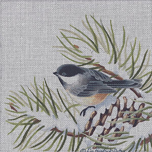 Liz Goodrick-Dillon Hand Painted Needlepoint - Chickadee in Winter Pine