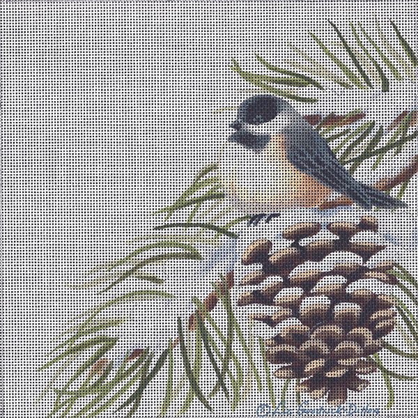 Liz Goodrick-Dillon Hand Painted Needlepoint - Chickadee on Winter Pinecone