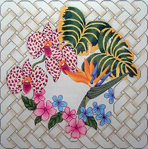 Tropical Floral Pillow with Lattice Border - Hand Painted Design from Trubey Designs