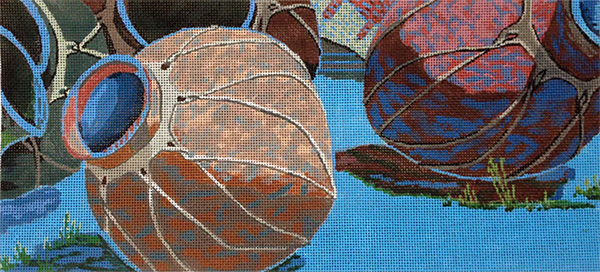 Blue Pots Four Hand Painted Needlepoint Canvas by Sharon Weiser