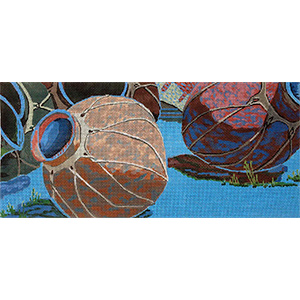 Blue Pots Four Hand Painted Needlepoint Canvas by Sharon Weiser