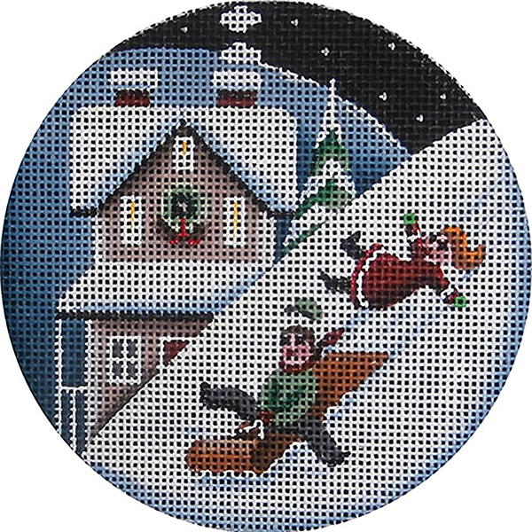 Sleds and Snow Hand Painted Christmas Ornament Canvas from Rebecca Wood