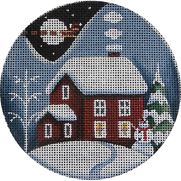 Red Winter Cabin Hand Painted Christmas Ornament Canvas from Rebecca Wood