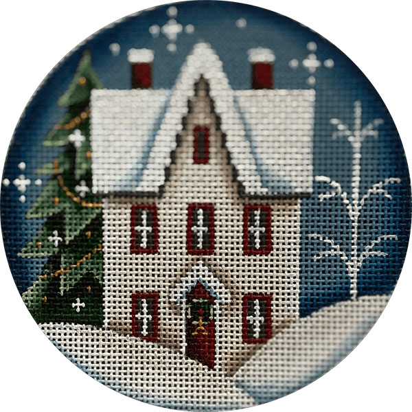 Snow Cottage Hand Painted Christmas Ornament Canvas from Rebecca Wood