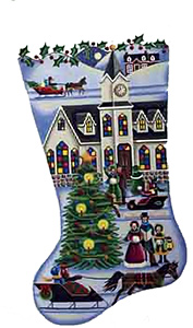 Town Square Christmas Hand Painted Stocking Canvas from Rebecca Wood