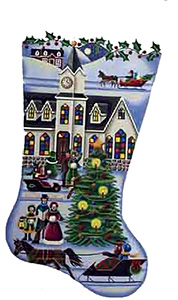 Town Square Christmas Hand Painted Stocking Canvas from Rebecca Wood 18 Count Canvas Toe Right