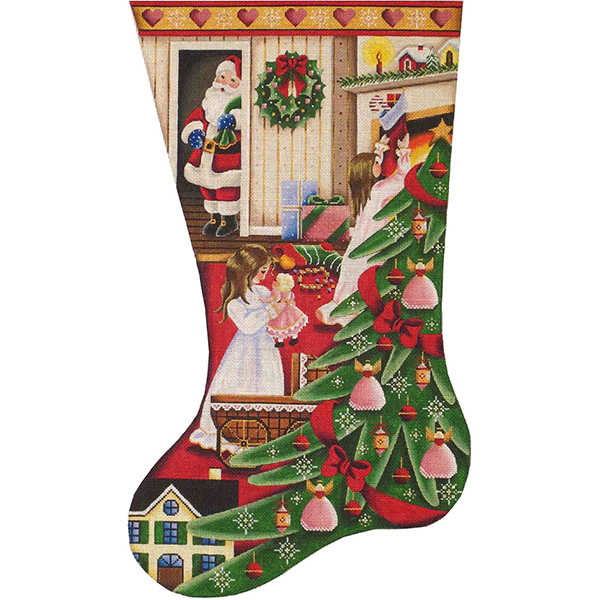 Santa's Morning (Girl) Hand Painted Stocking Canvas from Rebecca Wood