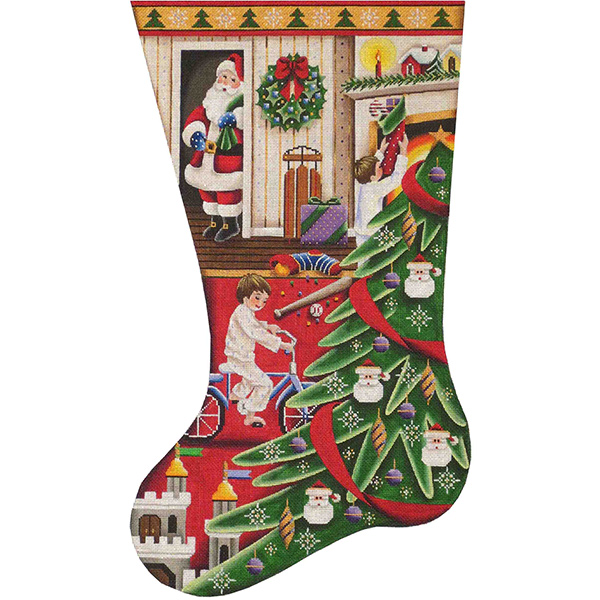 Santa's Morning (Boy) Hand Painted Stocking Canvas from Rebecca Wood
