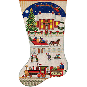 Christmas in the Village Hand Painted Stocking Canvas from Rebecca Wood