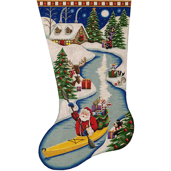Santa on the River Hand Painted Stocking Canvas from Rebecca Wood