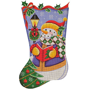Caroler Snowman Hand Painted Stocking Canvas from Rebecca Wood