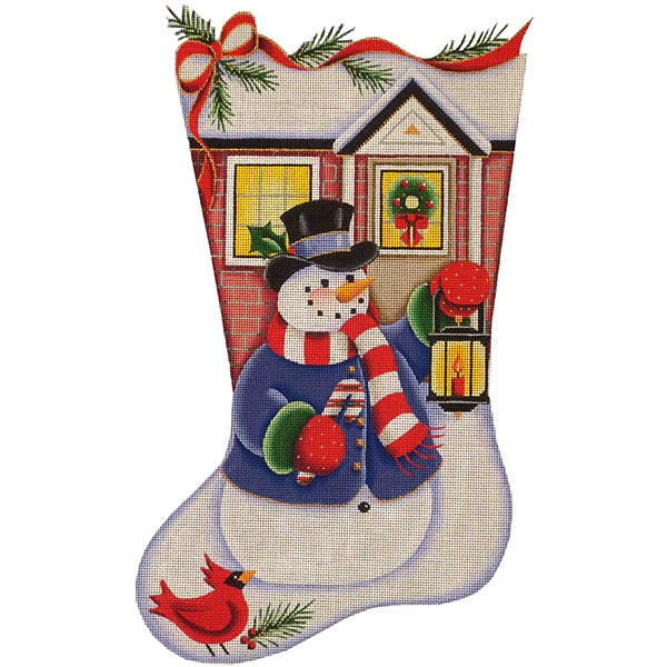 Lantern Snowman Hand Painted Stocking Canvas from Rebecca Wood