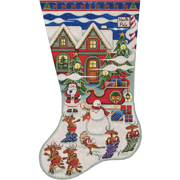 Reindeer Games Hand Painted Stocking Canvas from Rebecca Wood