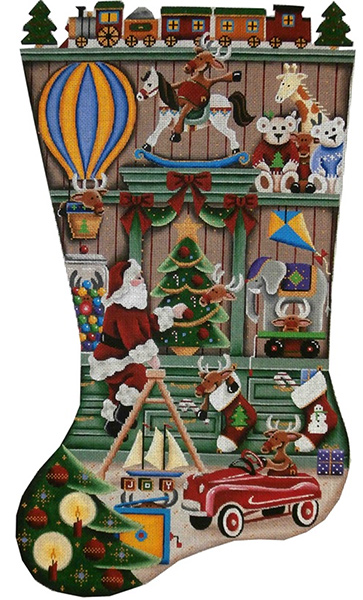In the Toy Shop Hand Painted Stocking Canvas from Rebecca Wood Designs