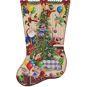 Elf Ingenuity Hand Painted Stocking Canvas from Rebecca Wood Designs