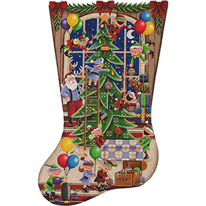Elf Ingenuity Window Hand Painted Stocking Canvas from Rebecca Wood Designs